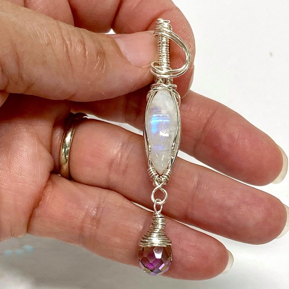 HANDMADE Moonstone and Crystal Hand Wrapped Dangle Pendant, Artisan Jewelry Gift - Picture 9 of 9